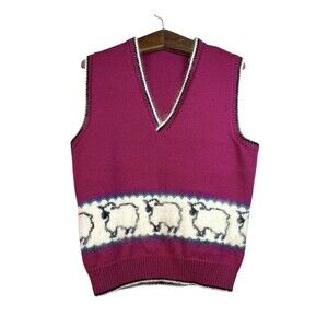 Vintage Sarita Women’s 100% Virgin Wool Pink Sweater Vest Sheep Farm 90s Sz L/XL